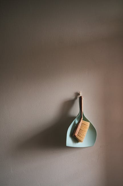 Close-up of a wooden-handled broom with pale bristles resting against a black dustpan on a wooden floor, with a background of blurred wood flooring. The surface appears clean with no visible dust or d